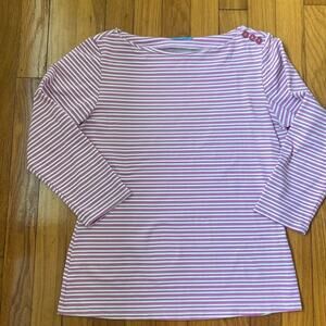 J McLaughlin Wavesong Striped Print 3/4 Sleeve Button Shoulder Tee Shirt sz XS